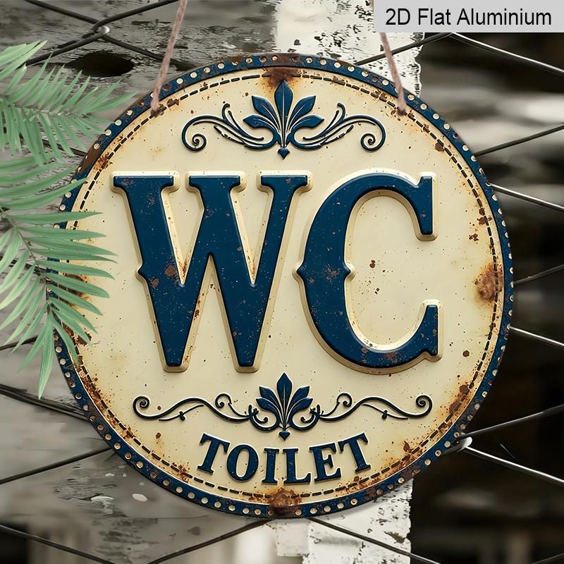 2D Flat, 1pc Vintage WC TOILET Round Metal Sign, Retro Blue And White Decorative Plaque With Rustic Pattern, Funny Bathroom Restroom Wall Art, Ideal