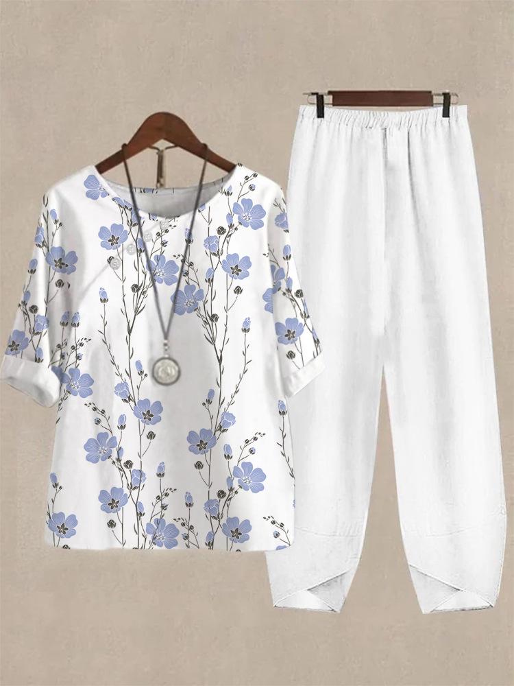 2025 foreign trade cross-border new women's clothing, casual round neck five-quarter sleeve top, digital printing women's two-piece set