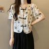 Women New Chinese Style Floral Print Short Sleeve Blouse with Frog Buttons