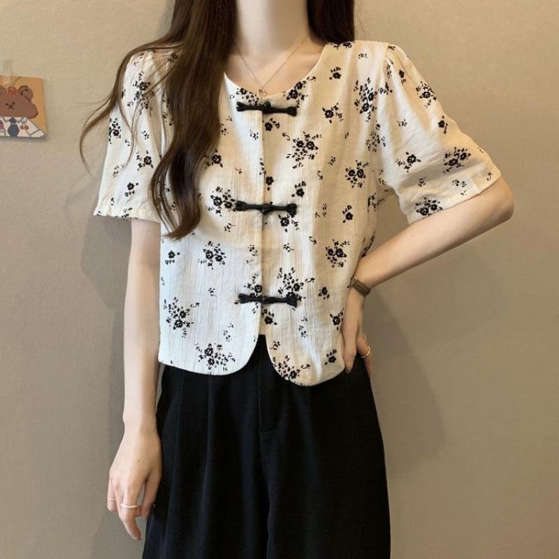 Women New Chinese Style Floral Print Short Sleeve Blouse with Frog Buttons