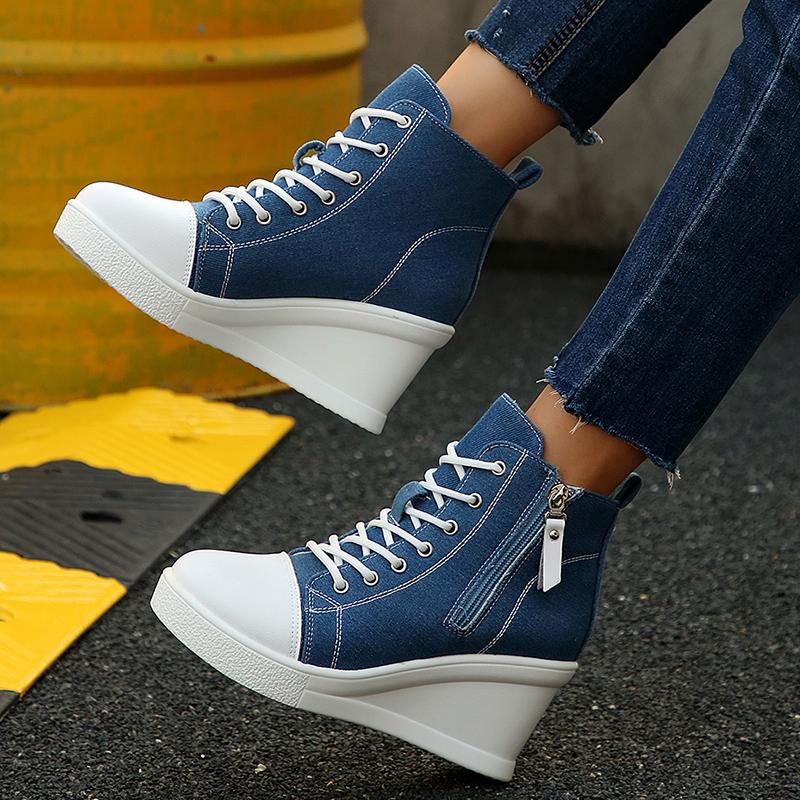 Fashion Women's Platform Wedge Heel High Top Sneakers Blue Denim Casual Canvas Shoes Woman Fashion Thick Sole Lace Up Vulcanized Shoes