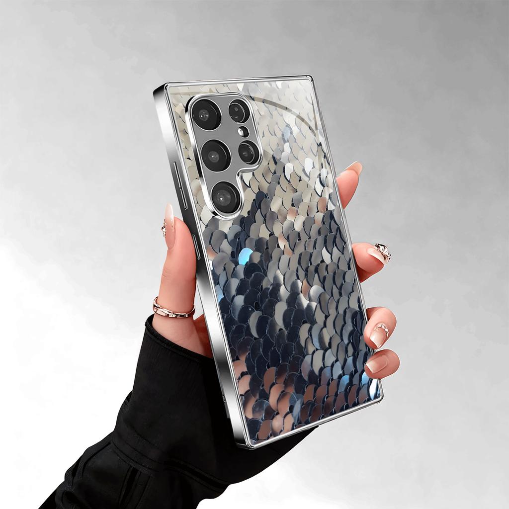 Gold-plated tempered glass phone case compatible Galaxy S26 S25 S24 S23 S22 Ultra Plus. Features a shimmering snake scale design
