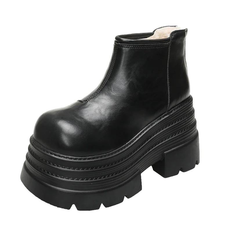Fashion 10CM New Women Winter Chunky Ankle Snow Boots High Platform Fur Shoes Wedge Heels Plush Warm Short Boots Leather Chelsea Botas