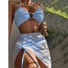 Maiô feminino estilo europeu-americano dividido, cor sólida, cor sólida, sexy, pescoço, pendurado, três peças, biquíni, moda praia