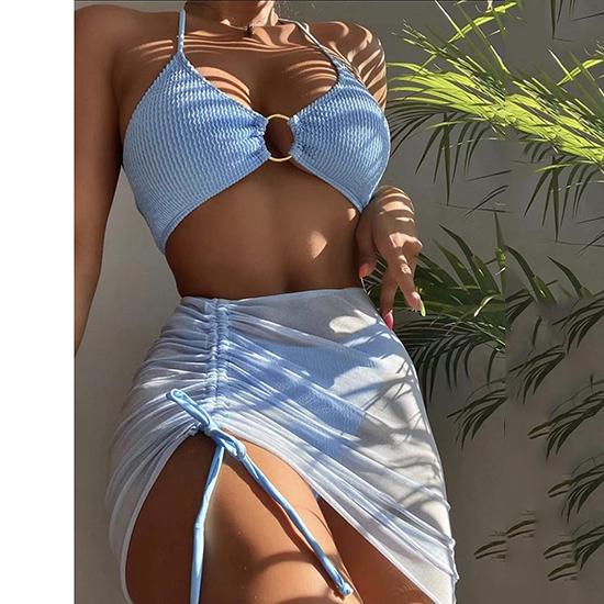 Maiô feminino estilo europeu-americano dividido, cor sólida, cor sólida, sexy, pescoço, pendurado, três peças, biquíni, moda praia