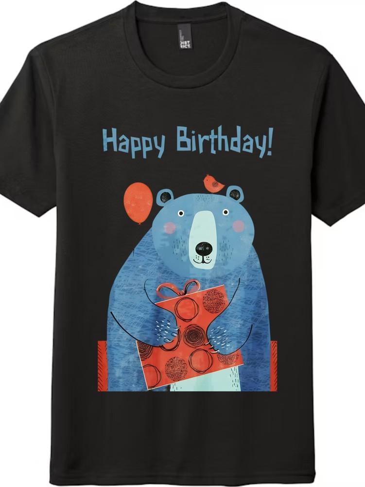 

Cute Bear Birthday-Themed Tee - Short-Sleeve Top with Gift-Holding and Balloon L