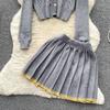 Fashion Autumn Knitted Twist Sweater Preppy Style Girls Outfits Women Single Breasted Coat Jacket+ Mini Pleated Skirt Two Pieces Set