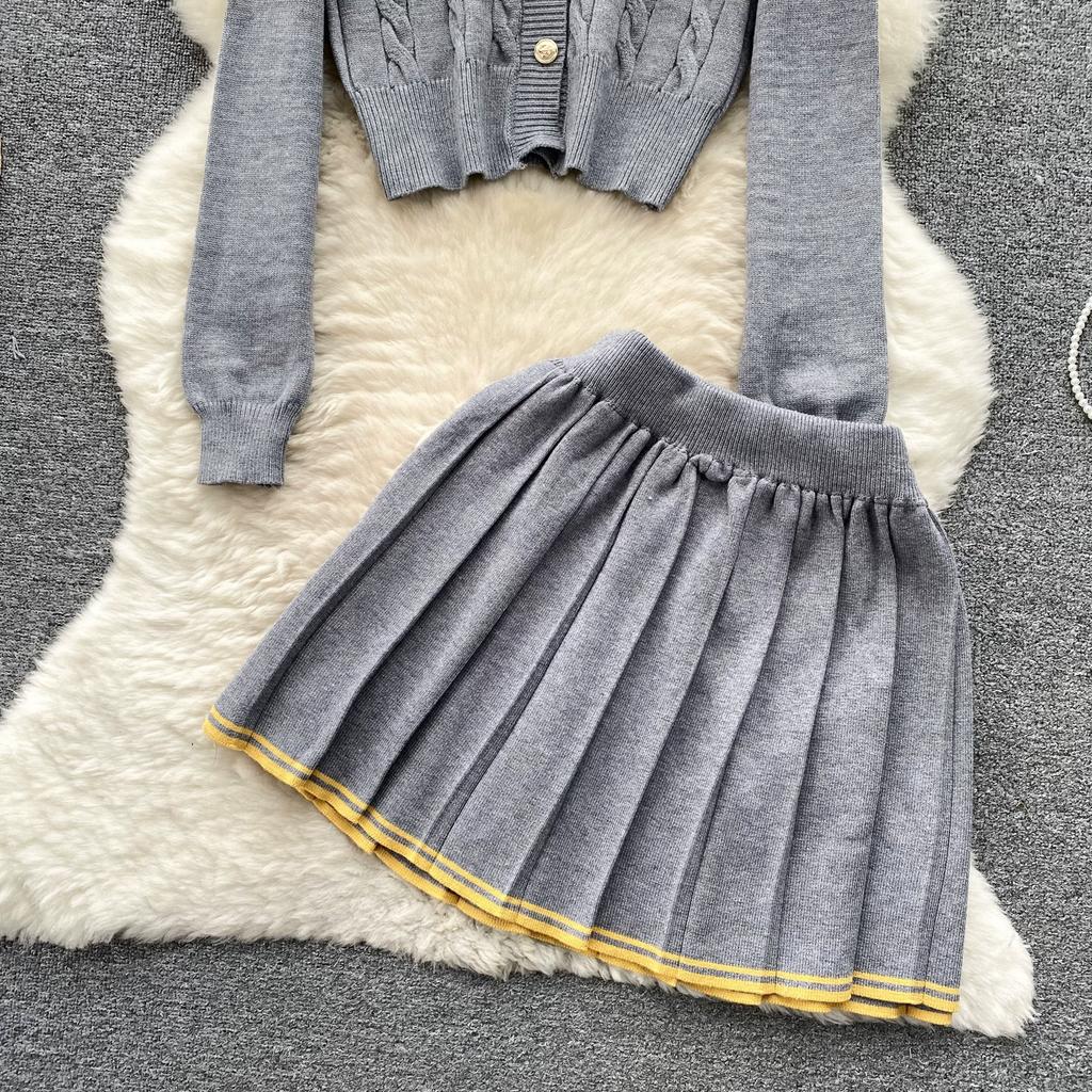 Móda Podzimní Pletený Twist Svetr Dívčí outfity Preppy Styl Dámské Single Breasted Coat Jacket+ Mini plisovaná sukně Sada dvou kusů