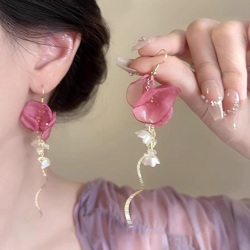 French Ethereal Pink Floral Tassel Earrings - High-End, Unique, and Exquisitely Crafted Resort Pendants