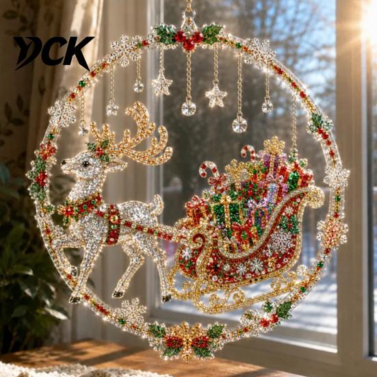 Christmas Window Decorations Faux Diamond Art Ornament, DIY Santa Claus Sun Catcher Kit, Rhinestone Acrylic Hanging Ornaments Xmas Wreath Ornament