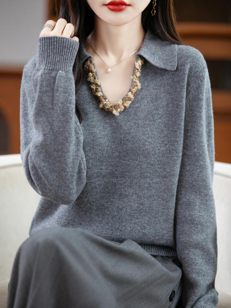 Women's Wool Sweater: Stylish V-Neck, High-End Design for Autumn/Winter