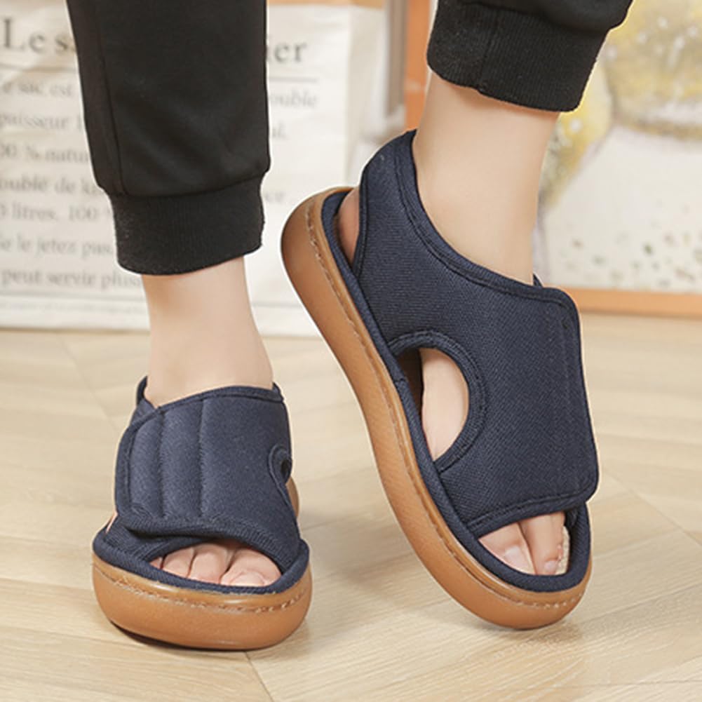 Caregiver Wide Adjustable Velcro Easy to Linen Slippers Weight Japanese Shoe [Euyqs] Slippers, Design, Closure, Wear, Unisex, (Navy, Adult, 23.5 cm,