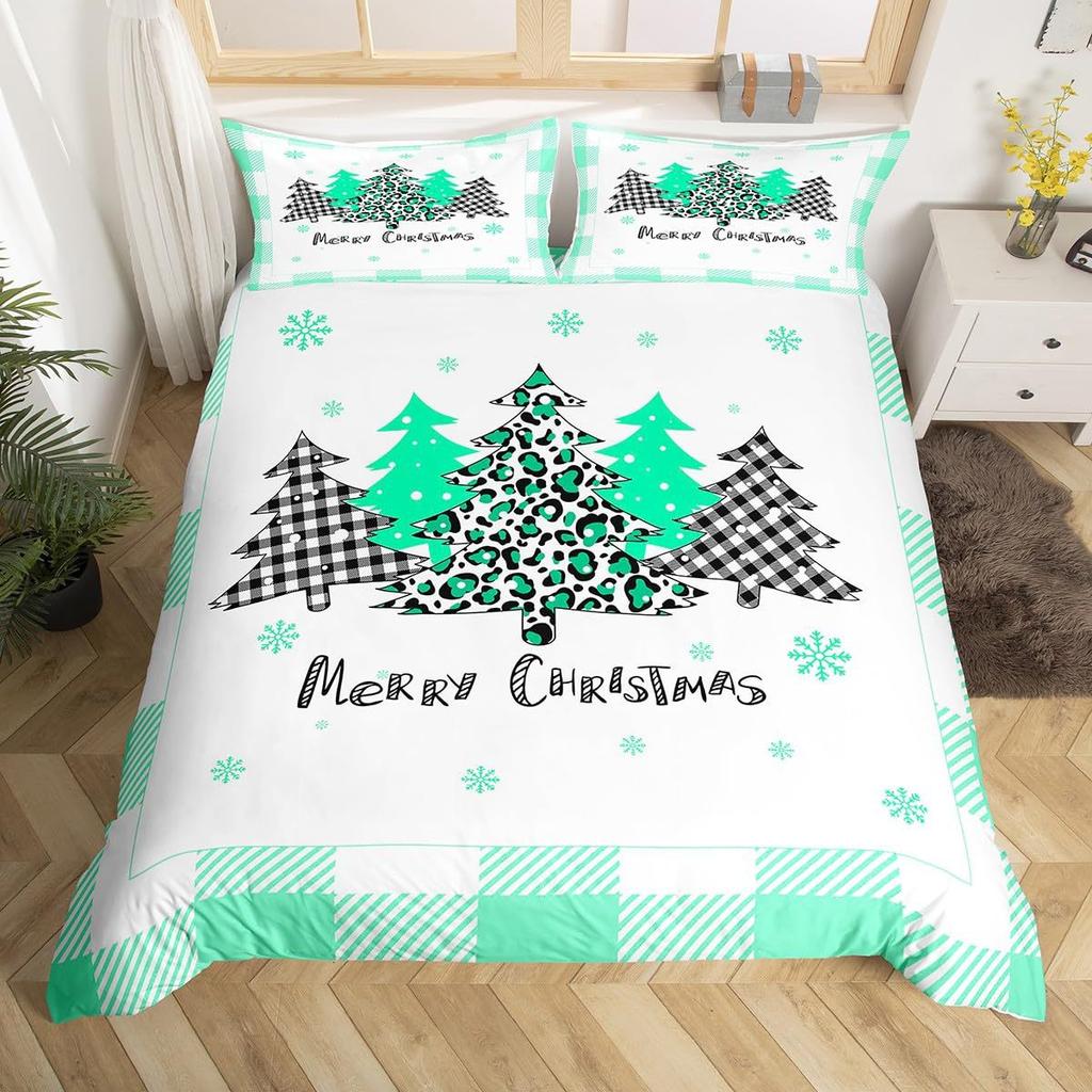 Pink Plaid Christmas Tree Three-Piece Quilt Cover 3D Digital Printing Bedding Set Bed Cover