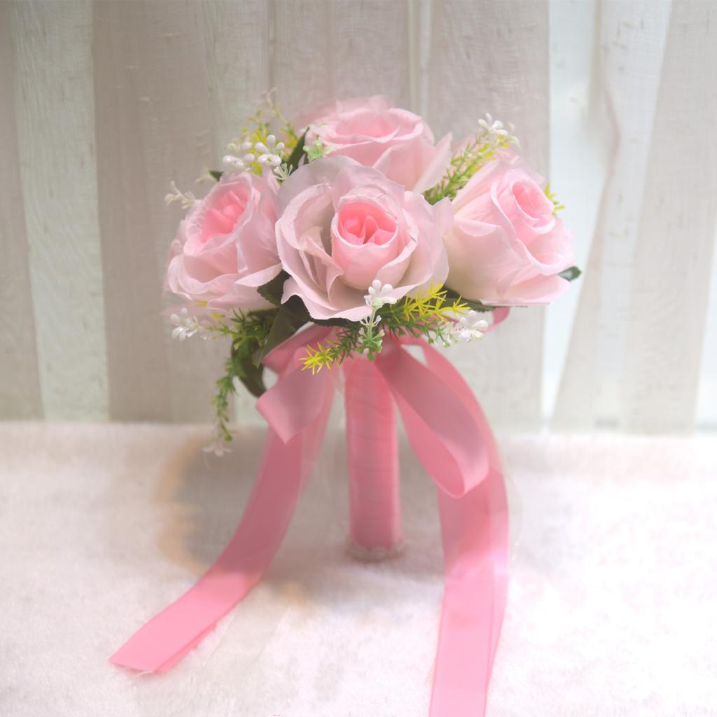 Artificial Bridal Bouquet Silk Rose Wedding Flowers Handheld Bouquet with Ribbon Wedding Decoration for Bridesmaids and Events