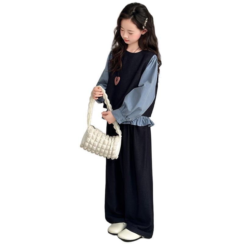 Autumn 2025 Girls' Three-Piece Set: Stylish Vest, Shirt & Wide-Leg Pants
