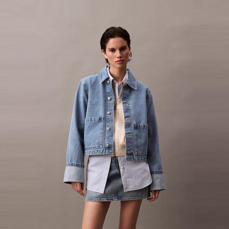 Calvin Klein Trendy Rolled Cuff Cotton Denim Jacket Women Jackets Light-Blue 44B742G