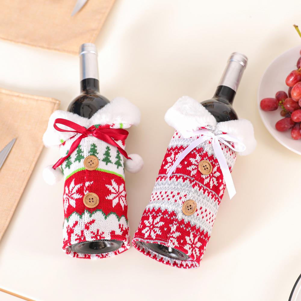 Nordic Knit Reindeer & Snowflake Wine Bottle Cover with Pom Pom - Christmas Decoration