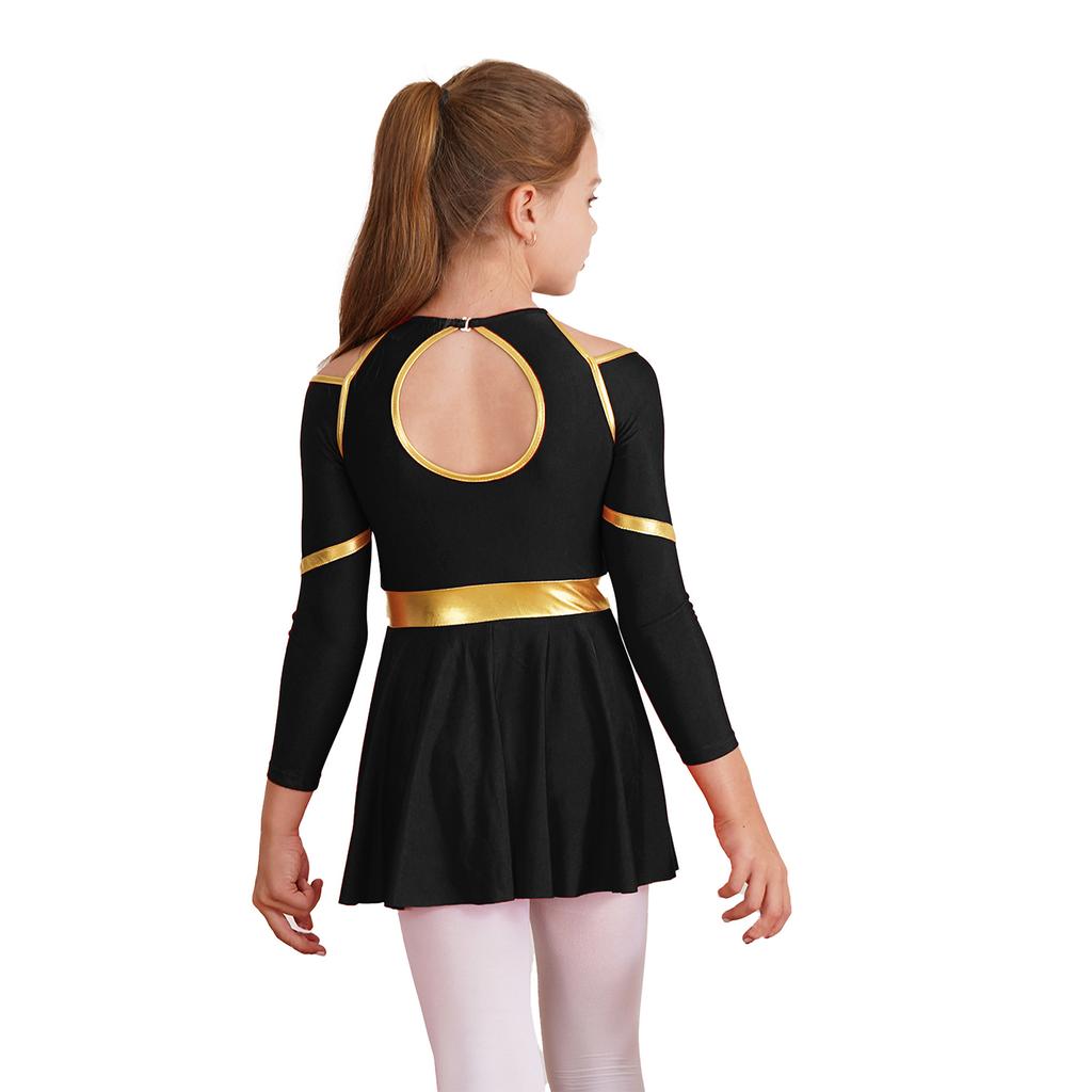 Complete Cheerleading Outfit for Girls: Contrast Color Long Sleeve Leotard Dress Featuring Cold Shoulder & Keyhole Back Detail