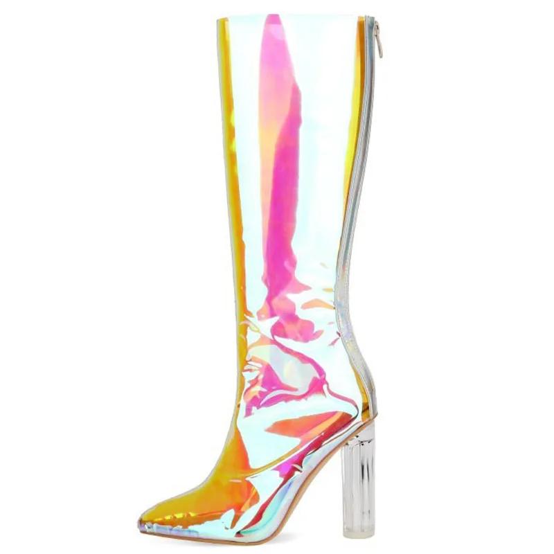 Fashion Sexy Pointed Crystal Thick High-heel Transparent Knee High Boots New Women Rear Zipper Fashion Show Stage Long Boot Size 35-47