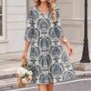 Women's Floral Print V-Neck Casual 3/4 Sleeve Dress
