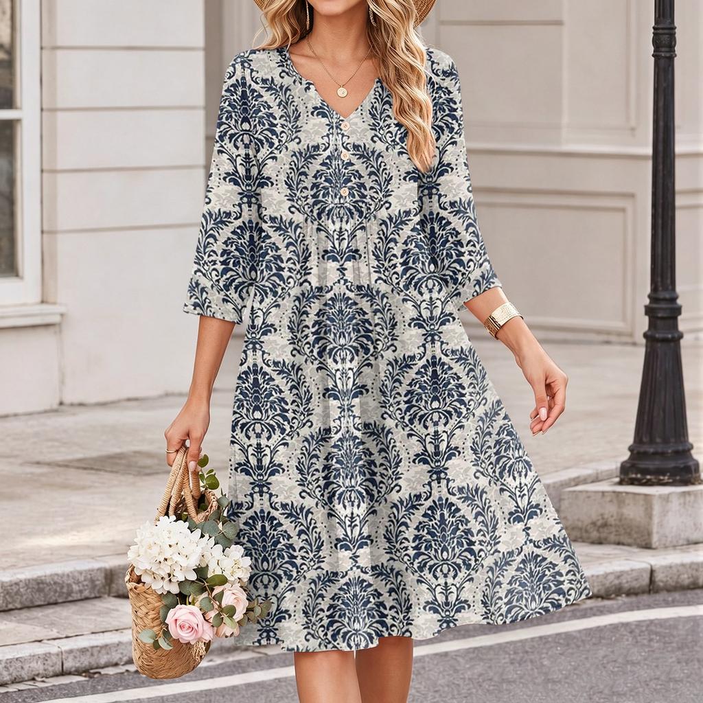 Women's Floral Print V-Neck Casual 3/4 Sleeve Dress