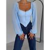 Women Off Shoulder Corset Top Long Sheer Mesh Sleeve Zip Front Blouse