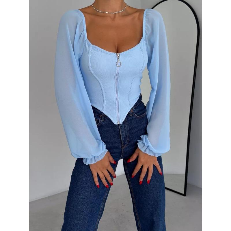 Women Off Shoulder Corset Top Long Sheer Mesh Sleeve Zip Front Blouse