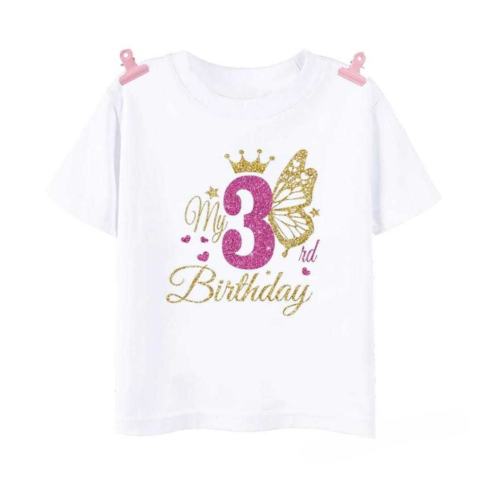 Girl's Birthday 1-12, Wild T-shirt, Children's Butterfly Printed Fashion Top, Short Sleeve T-shirt