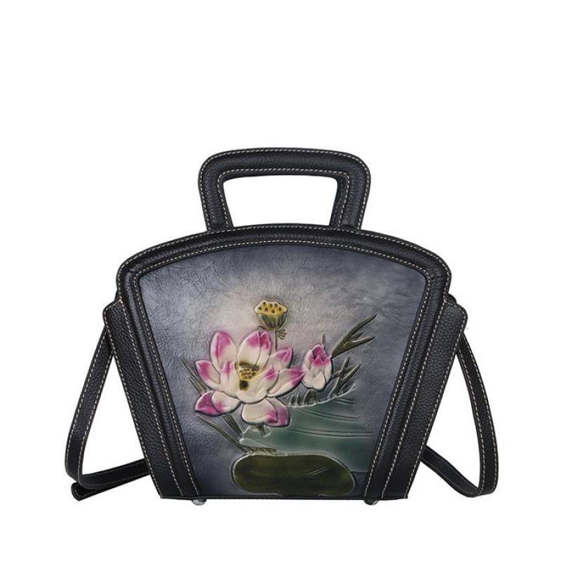 Johnature Vintage preget første lag kuskinn dameveske Luksus håndveske Håndmalte Lotus Skuldervesker for kvinner