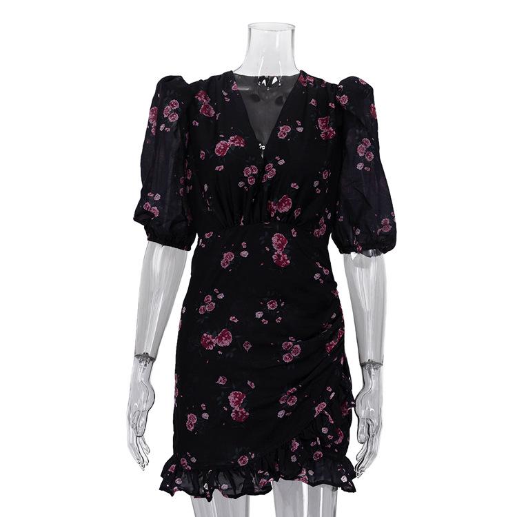 

women s Floral Print V Neck Puff Short Sleeve Ruched High Waist Bodycon Mini Dress Sexy Casual Party Skirt L чорний
