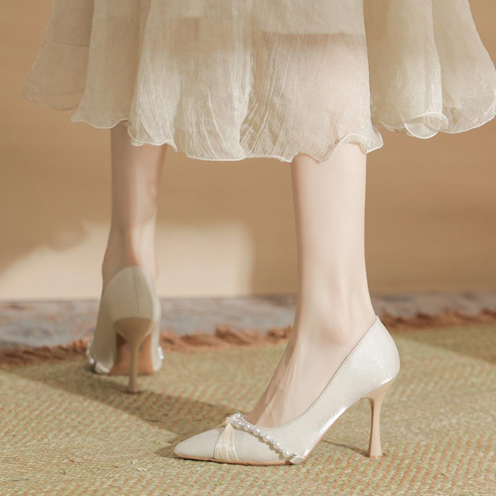 Pointed Stiletto High Heels Women Autumn and Summer New Satin Pearl Pumps Women's Small Size Light Mouth Shoes High Heel Pumps
