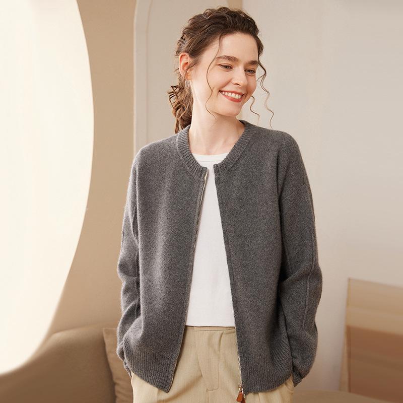 Women's Casual Cashmere Zipper Cardigan - Thick Knit Round Neck Sweater