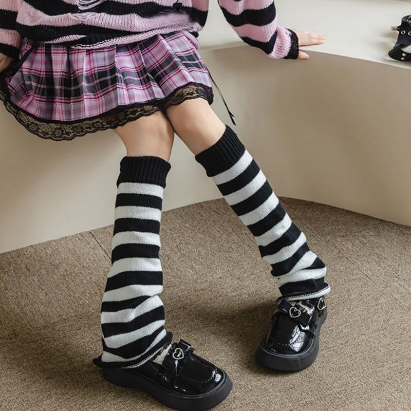 Punk Styles Japanese Harajuku Knitted Striped Flared Leg Warmers and Thigh High Long Socks Set for Women Teen Streetwear