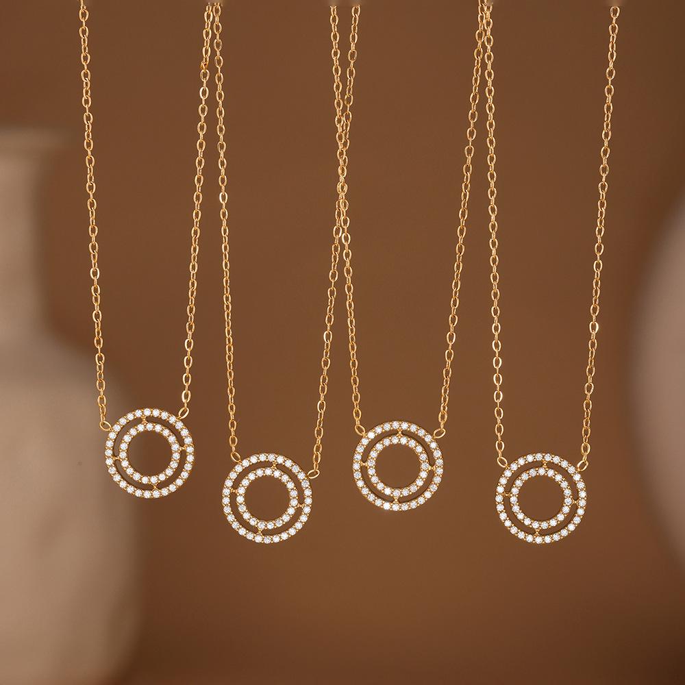 Qiong Yao European Style 18K Gold-Plated Full Diamond Double Ring Necklace & Bracelet Set in High-End Stainless Steel