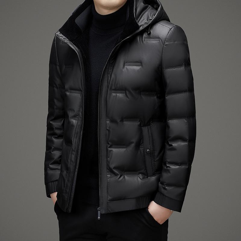 Daunenjacke mit Kapuze für Herren, Winter, neue Daunenjacke aus PU-Leder für Herren, Mantel, warme, verdickte Lederjacke, Ledermantel