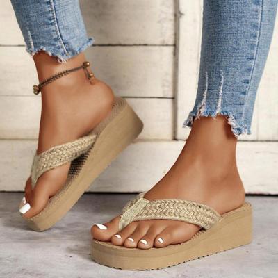 Bohemia Jute Flätad Rem Flip-flops Dam Sommar Klassiska Tjocka Plattforms Kilar Klackar Tofflor Dam Sexiga Strand Sandaler