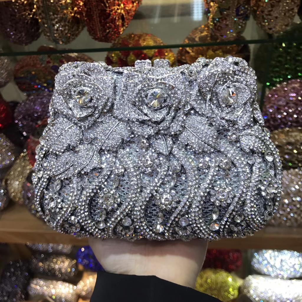 Diamonds White Clear Women Evening Bag Luxury Flower Rhinestone Clutches Crystal Handbag 32 Colors Wedding Bridal Party Purses