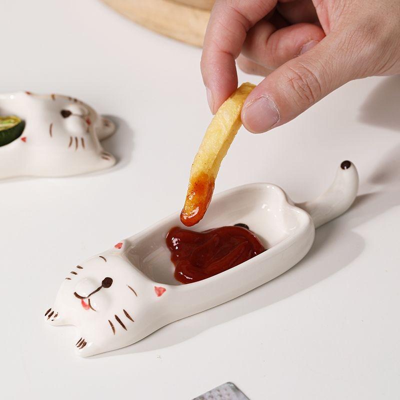 2pcs Ceramic Cat Dish Multi-Functional Sauce Plate & Chopstick Rest