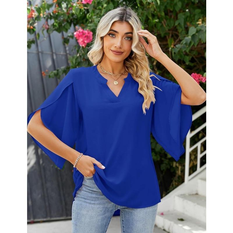 Summer V-neck Loose Casual Office Women Blouse Elegant Petal Short Sleeve Ruffled Chiffon Top Fashion Female Solid Color Simple Shirts Women Vlothing