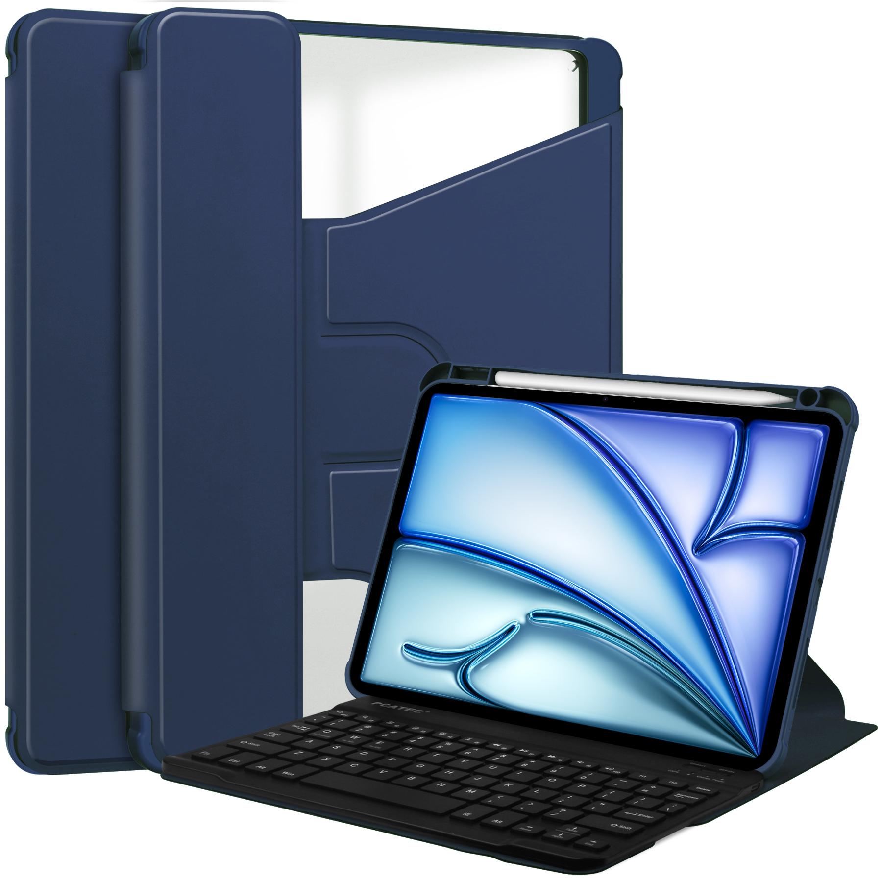 

For iPad Air 13 (2025)/(2024) Case 360-Degree Rotary Stand PU Leather+Acrylic Tablet Cover with Keyboard Dark Blue