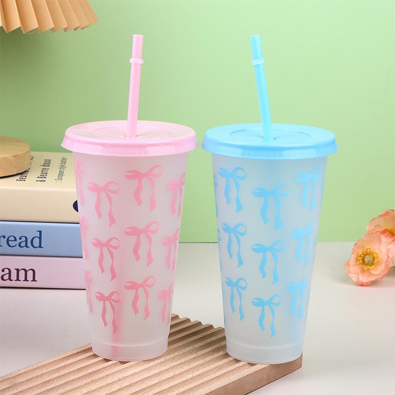 1Pc 710Ml Kawaii Bow Reusable Party Cups With Straw Lid Coffee Juice Tea Cute Tumbler With Straw Plastic Cups Summer Gifts