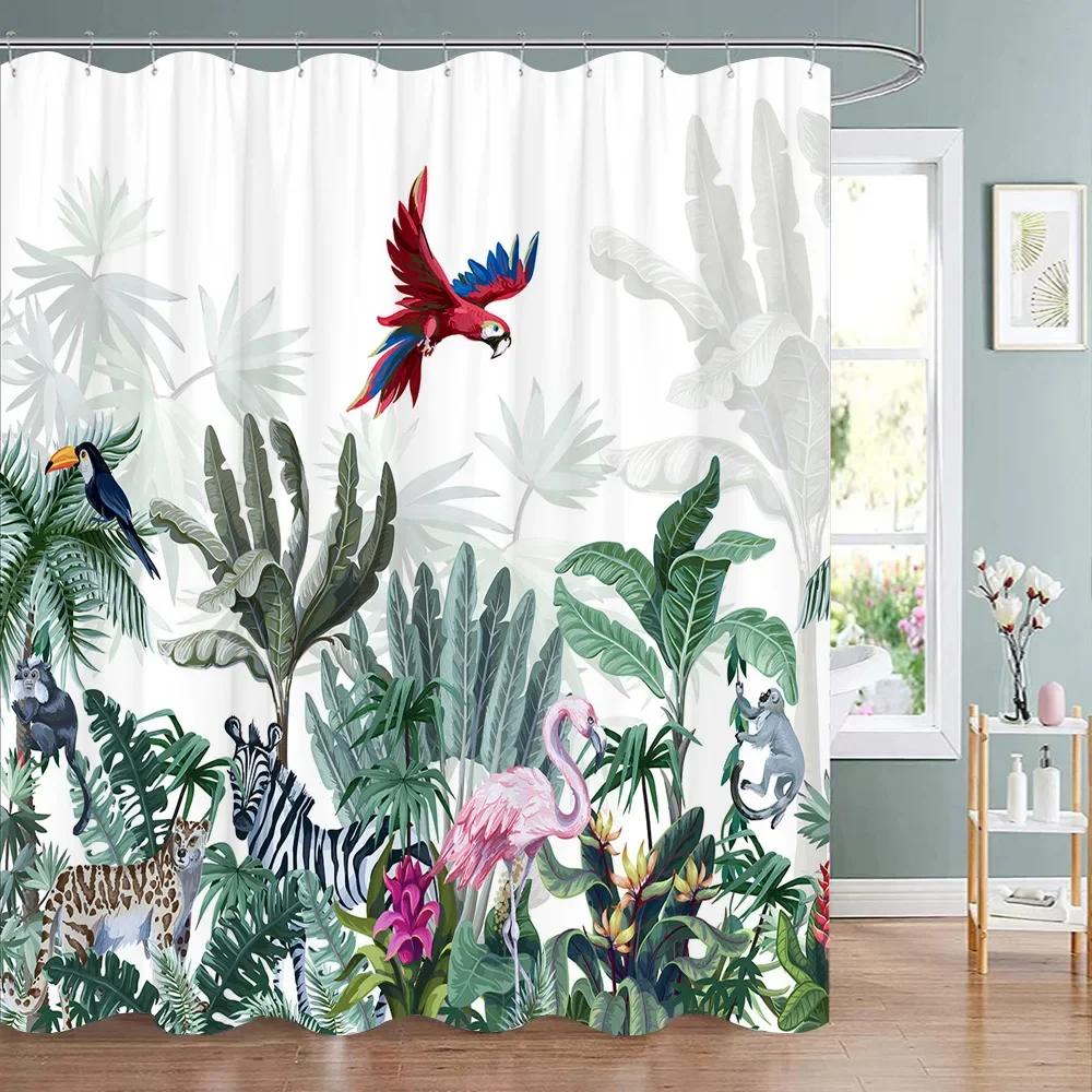 Tropická Zeleň Květinová Sprchová Závěs Kolibřík Motýl List Polyesterová Tkanina Omyvatelné Sprchové Závěsy Koupelnová Dekorace