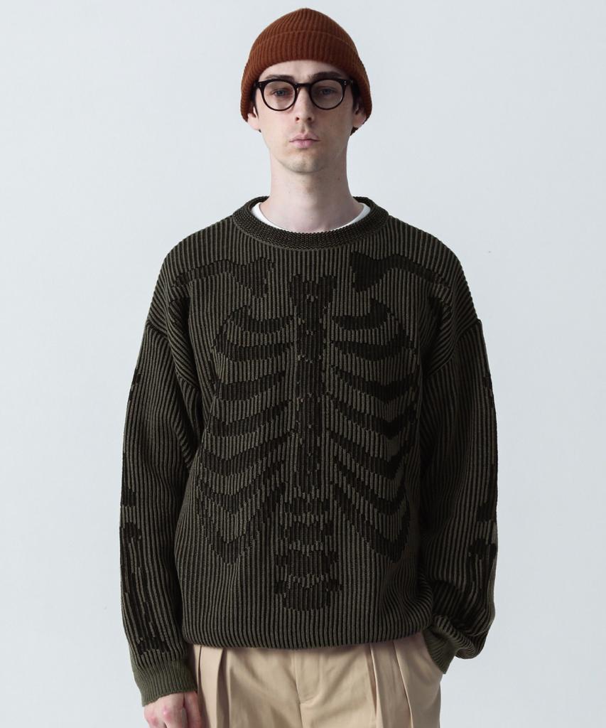 STAGE NAME Two-Tone Skeleton Bones Round Neck Oversized Knit_Khaki