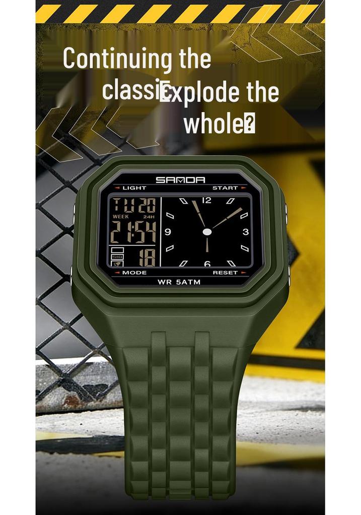 Sanda Creative Square Multifunctional Dual Display Student Watch - Countdown, Alarm, Waterproof, Trendy Electronic Timepiece.
