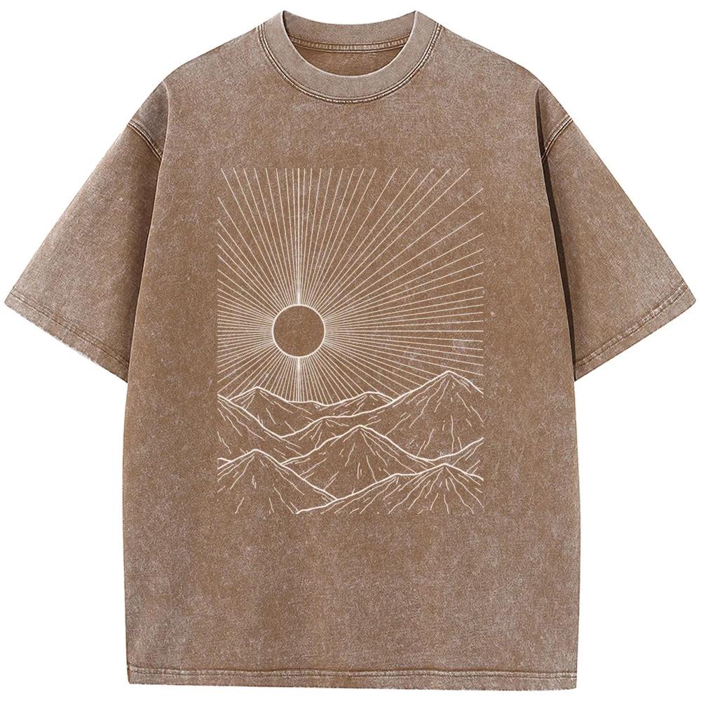 Outdoor Linear Peak Print Unisex Washed T-Shirt Cotton Summer Bleached Tshirt Funny Casual Loose Bleach Tee