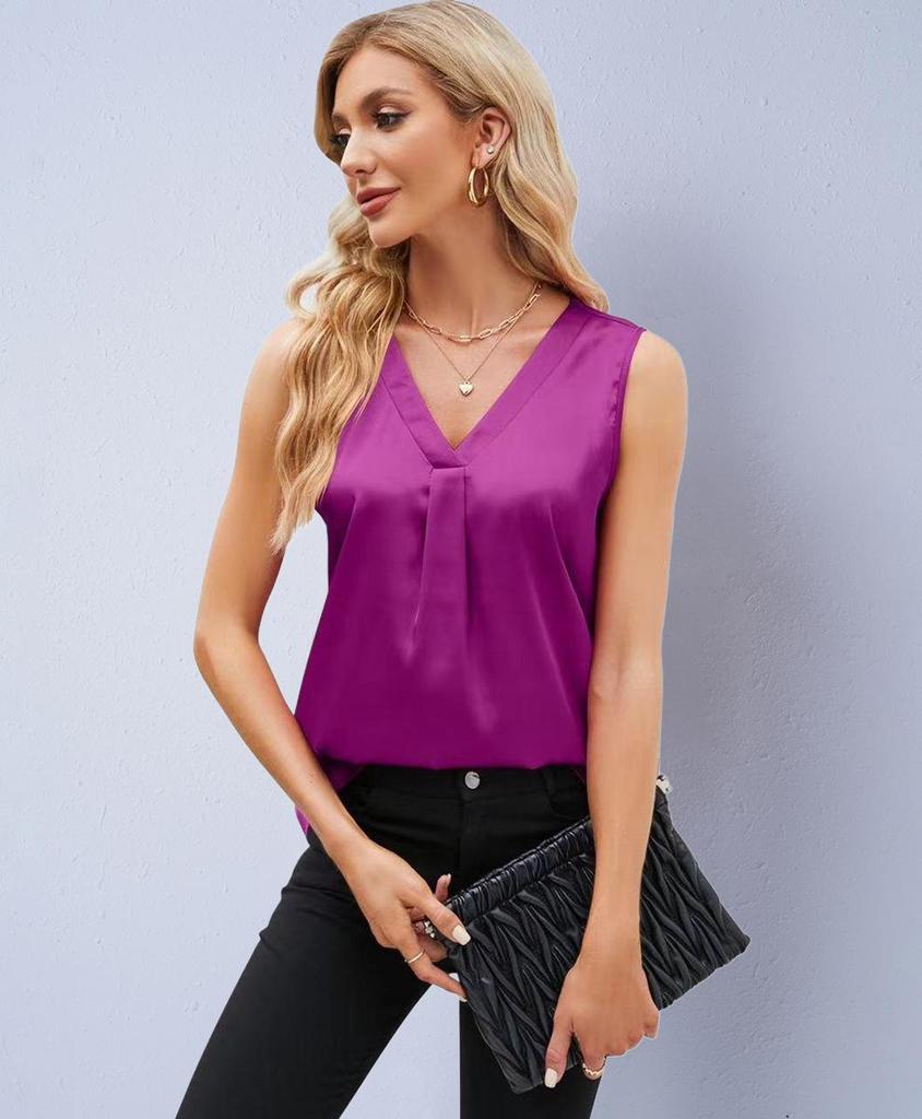 SHEIN Women's Imitation Silk V-Neck Sleeveless Satin Shirt - Spring/Autumn Style