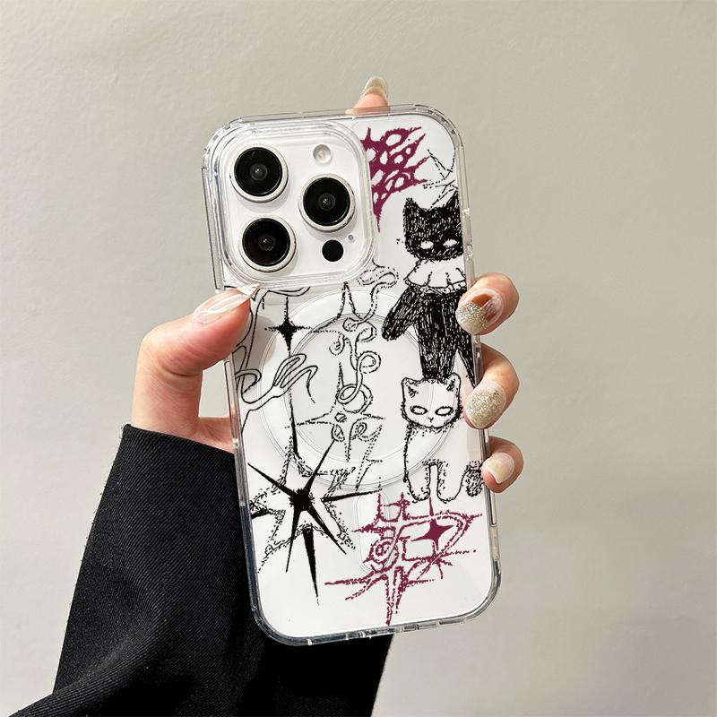 Cool Graffiti Cat Wireless Charging Case for iPhone 17 Air 16 E 15 14 Plus 13 12 Mini 11 Pro Max Transparent Silicone Edge Cover