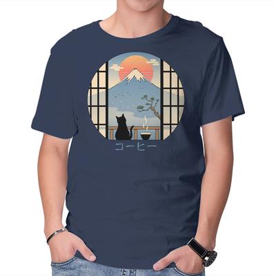 Unisex Crew Neck T-Shirt Coffee Cat In Mt. Fuji Graphic Short Sleeve Casual Tee