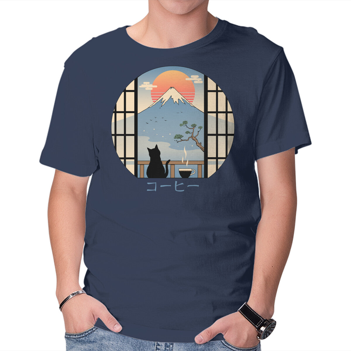 Unisex Crew Neck T-Shirt Coffee Cat In Mt. Fuji Graphic Short Sleeve Casual Tee XS