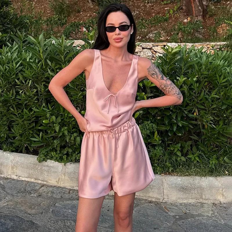 2 Piece Sets Shorts Outfits Women Satin Casual Tracksuits Summer V Neck Tops And Short Sets Sleeveless Drawstring Suits